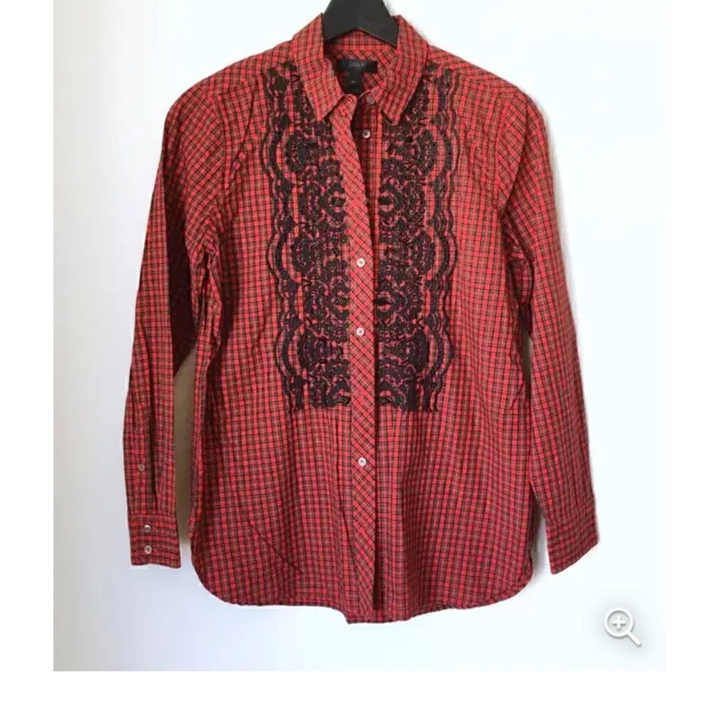 J.Crew Red Embellished Plaid Button Down - Picture 2 of 7